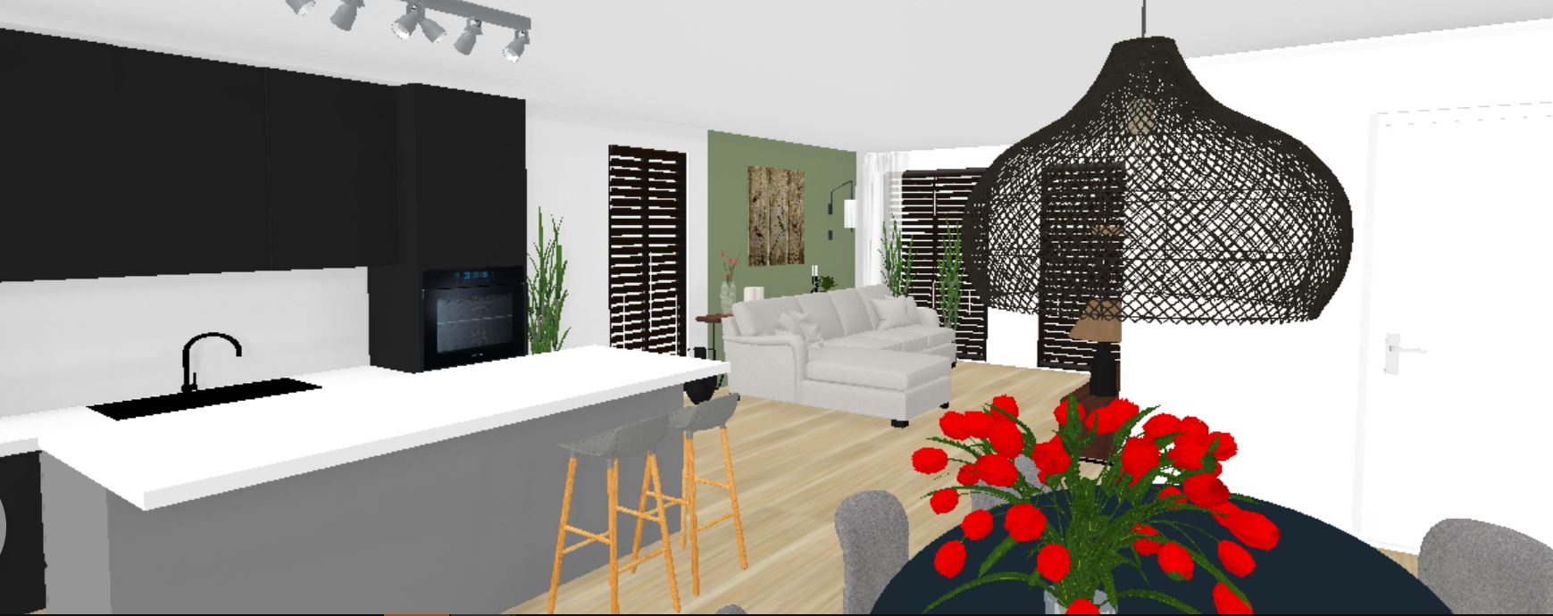 NoSiss Interieurstyling. Interieurplan nieuwbouw Balk 3D beeld woonkamer
